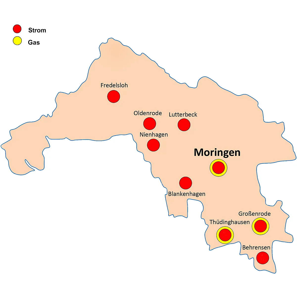 Karte des Versorgungsgebiets der Stadtwerke Leine-Solling GmbH mit farbigen Punkten für Wasser (grün), Strom (rot) und Gas (gelb). 